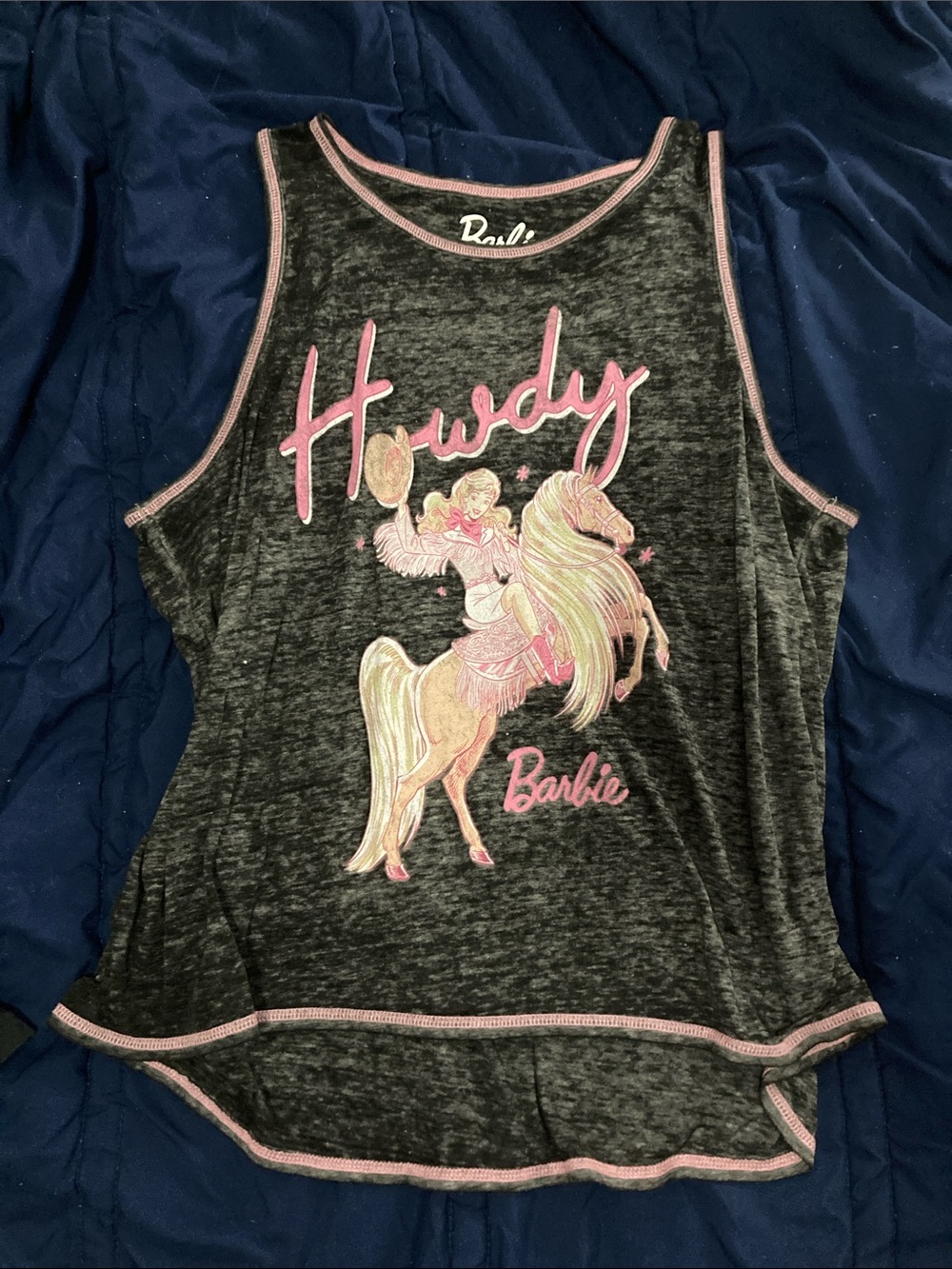 🔥 Barbie Howdy Cowgirl Charcoal Tank Top with Pink Stitching and White Logo